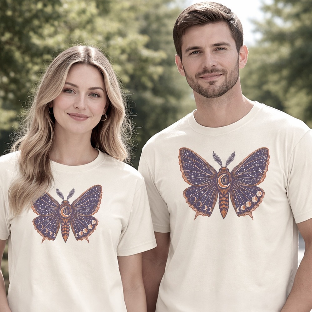 Moth Cradling Moon and Eye Through Starlit Wings Tee